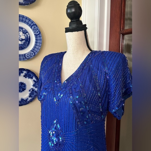 Jewel Queen | Vintage 80’s Blue Silk Beaded & Sequined Cocktail Dress, Size M - Picture 3 of 11